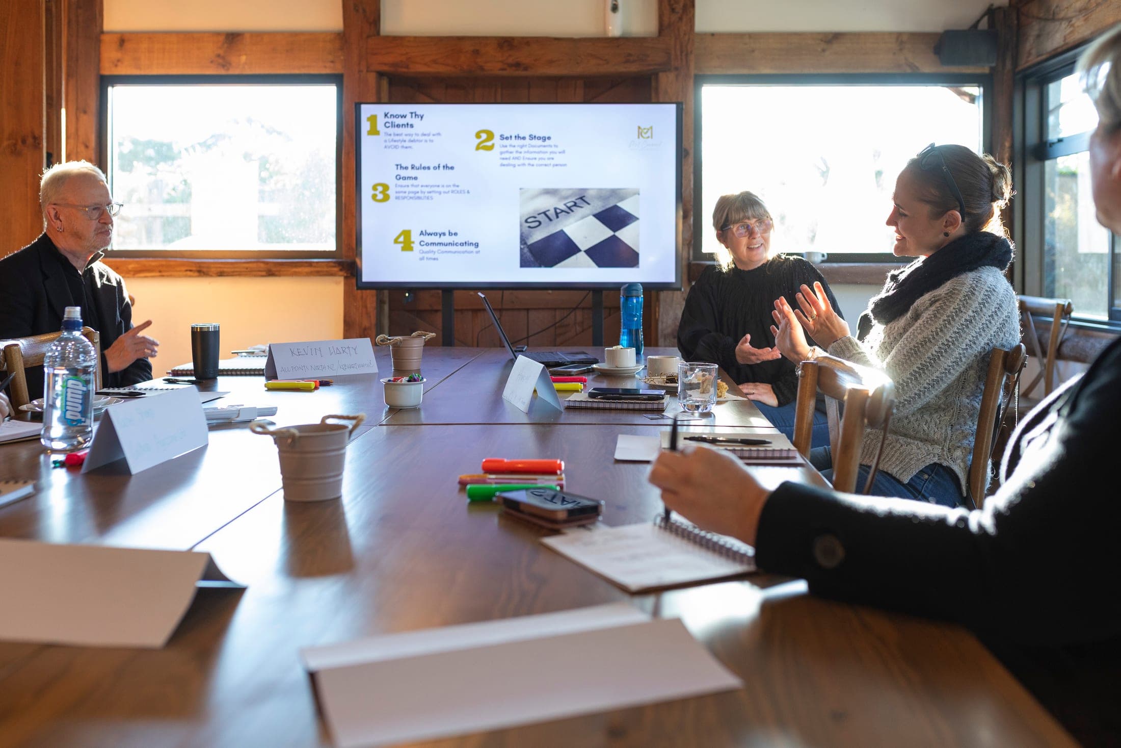 Mel Curwood in a session with business owners around a table